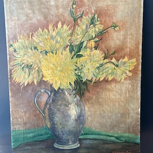 Antique G.S. Vander Poel Yellow Chrysanthemum Oil Painting Still Life on Canvas