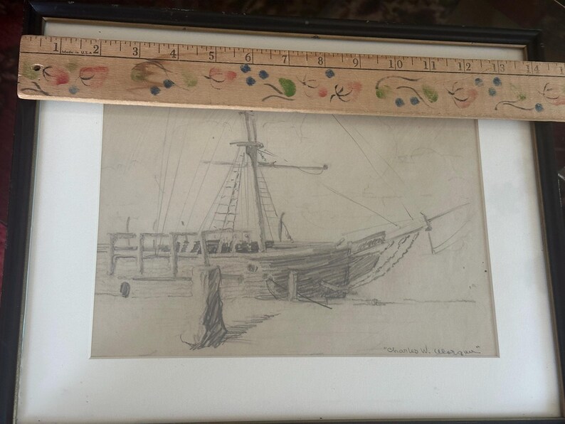 Antique GLOUCESTER Art Nautical Sail Ship W Crows Nest Seascape Drawing ...