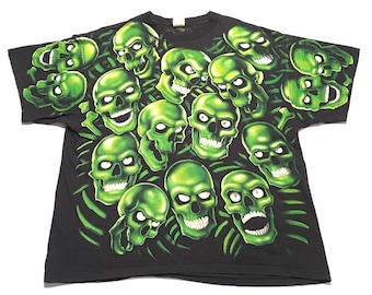 2001 LIQUID BLUE All Over Print Green Skull Vintage T Shirt // Size XLarge