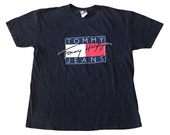 1990s TOMMY JEANS Tommy HILFIGER Classic Logo Black Distressed Vintage T Shirt // size XLarge