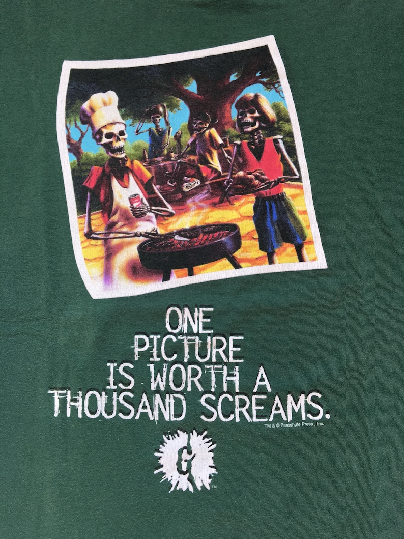 1990s GOOSEBUMPS SAY CHEESE And Die One Picture Is Worth A Thousand Screams Distressed Vintage T Shirt // Size Medium image 2