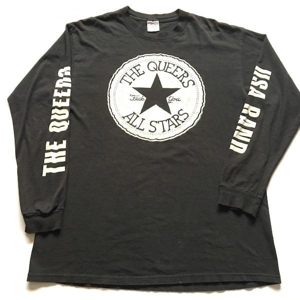 1995 THE QUEERS USA Band All Stars F*** You Seeing-Hearing-Smelling-Tasting Distressed Oversized Vintage T Shirt // Size Large