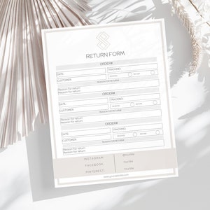May include: A white return form with the title "Return Form" and three sections for order information, including order number, tracking number, date, customer name, and reason for return. The form also includes social media handles for Instagram, Facebook, and Pinterest.