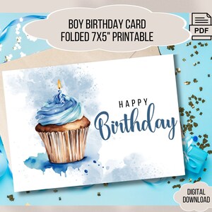 Linda tarjeta de cumpleaños con forma de cupcake, deseos de feliz cumpleaños con un diseño adorable para un bebé, tarjetas imprimibles para niños, pastel con vela, regalo de cumpleaños