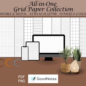May include: A digital collection of printable grid paper in four colors. The collection includes 10 pages in A3, A4, A5, and US Letter sizes. The image shows a computer screen, a tablet, and a smartphone displaying the grid paper. The text "All-in-One Grid Paper Collection" is at the top of the image.
