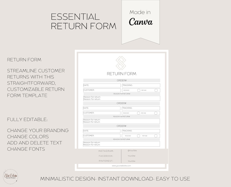 Editable Return Form Template for Small Business Custom Printable ...