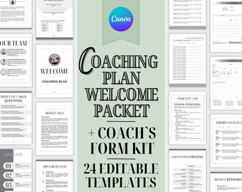 Puede incluir: Un collage de 24 plantillas editables para un paquete de bienvenida de plan de coaching. Las plantillas son en blanco y negro e incluyen secciones para preguntas frecuentes, nuestro equipo, consejos para el éxito, plan de coaching, etiqueta y pautas de sesión, nuestro proceso de coaching, fechas importantes, recursos útiles, y más.