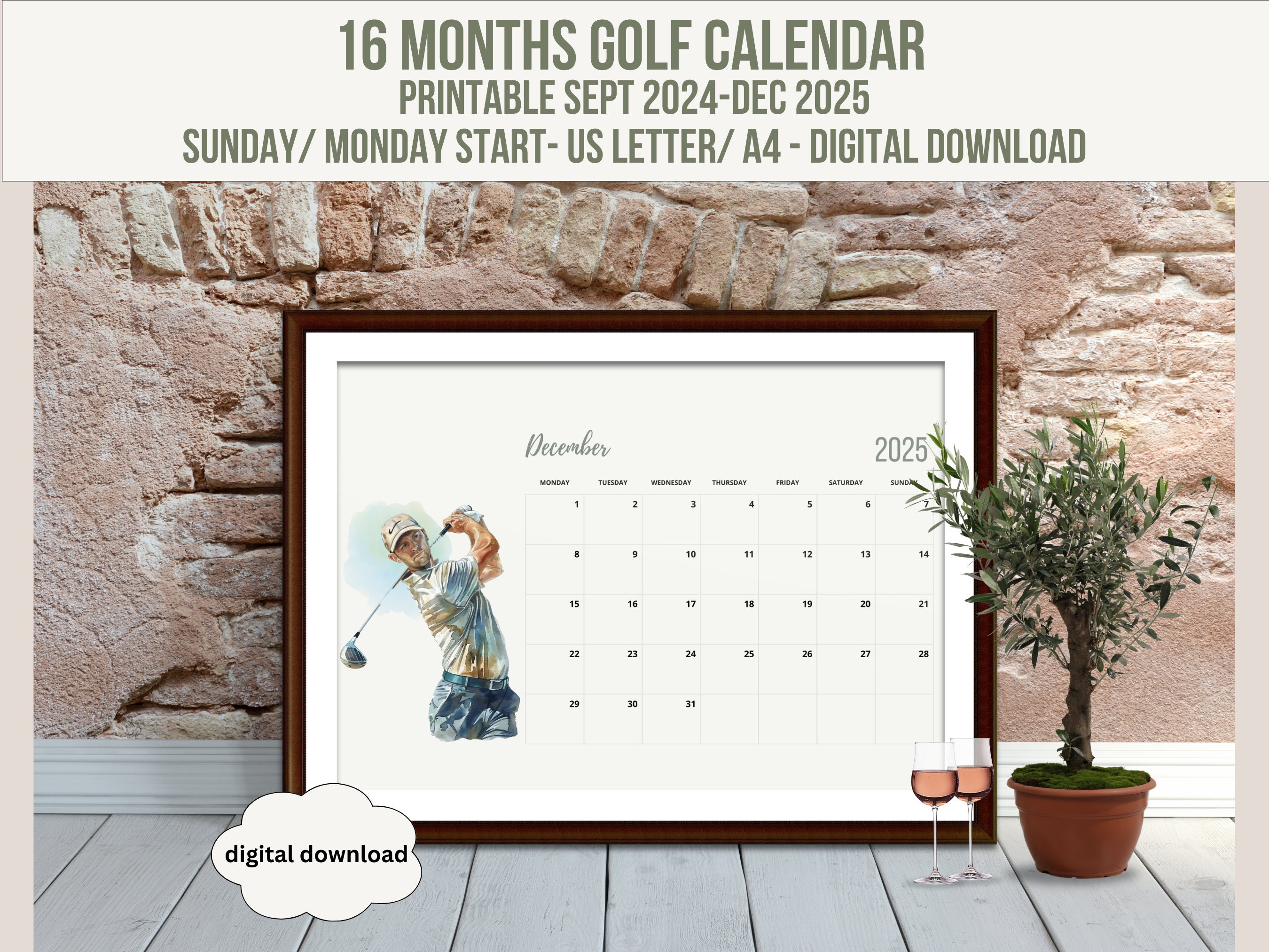 16 Months Printable Golf Calendar Monthly Calendar 2024 2025