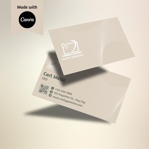 May include: A beige business card with a white geometric design and the text "TechFix Solutions". The card also includes the name "Carl Meizz", the title "CEO", a phone number, an address, and a website address.