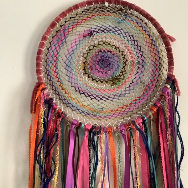 Large Handmade Dream Catcher with Pink Velvet and Rainbow Yarn