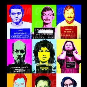 May include: A collage of nine mugshots of different people, each with a different colored background. The mugshots are arranged in a 3x3 grid. Each mugshot includes a name, a date, and a number. The mugshots are all in a pop art style.