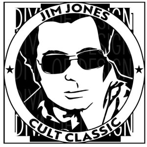 May include: Black and white illustration of Jim Jones, a cult leader, wearing sunglasses. The image is in a circle with the text "Jim Jones Cult Classic" around the outside.