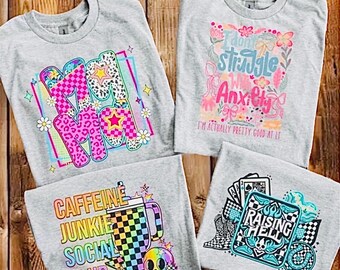 Ash Grey Graphic Tee – Distressed Mama, Caffeine Junkie, Snarky Slogan