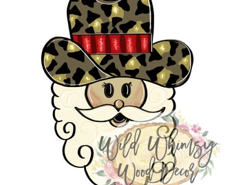 May include: A cartoon Santa Claus face with a white beard and mustache. He is wearing a brown and gold leopard print cowboy hat with a red band.