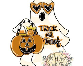 Puede incluir: Ilustración de Halloween de un fantasma con gafas de sol en forma de corazón. El fantasma sostiene una cesta de caramelos con forma de calabaza. Las palabras "Trick or Treat" están escritas en naranja y negro. Ideal para la decoración de Halloween.