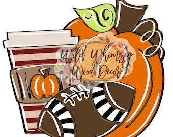 May include: A fall-themed craft project featuring a pumpkin, a football, and a coffee cup. The pumpkin is orange with a green stem and brown accents. The football is brown with white stripes. The coffee cup is brown with red and white stripes. The text "Wild Whimsy Wood Decor" is visible on the pumpkin.