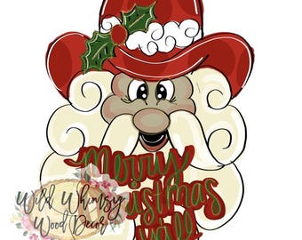 May include: A cartoon Santa Claus wearing a red cowboy hat with holly accents. The Santa has a white beard and mustache, and the text "Merry Christmas Y'all" is written across the bottom in red and green. The image has a white background.