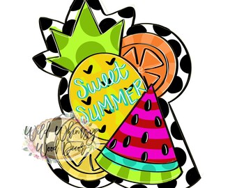 May include: A colorful summer-themed design featuring a pineapple, watermelon, and orange slices. The pineapple has the words "Sweet Summer" written on it. The design is on a black and white polka dot background.