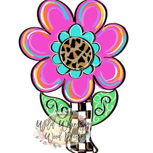 May include: A pink flower with a leopard print center and green leaves. The flower is on a black and white checkered stem.