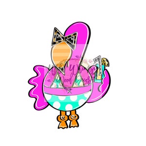 Peut inclure: Un flamant rose avec un nœud papillon léopard, portant un maillot de bain turquoise à pois blancs et tenant un cocktail bleu et jaune.