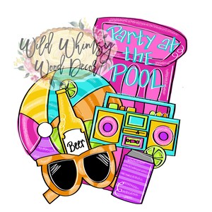Könnte beinhalten: Bunte Illustration mit einem Strandball, einer Bierflasche, einer Sonnenbrille und einem Ghettoblaster. Die Worte "Party at the Pool" sind in Pink geschrieben. Eine Limonadendose und ein Strandstuhl sind ebenfalls enthalten.