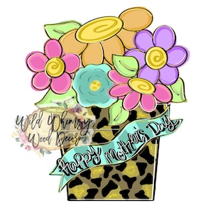 May include: A floral arrangement in a leopard print pot with a blue ribbon that says "Happy Mother's Day". The flowers are pink, yellow, purple, and blue.