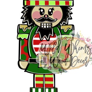 May include: A cartoon nutcracker with a red and white polka dot hat, green and red striped pants, and a black mustache. The nutcracker is holding a green and red striped bag.