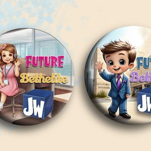 Jw テーマの子供用ボタン。男の子用または女の子用。「未来のベテル」1.5 インチ 2025