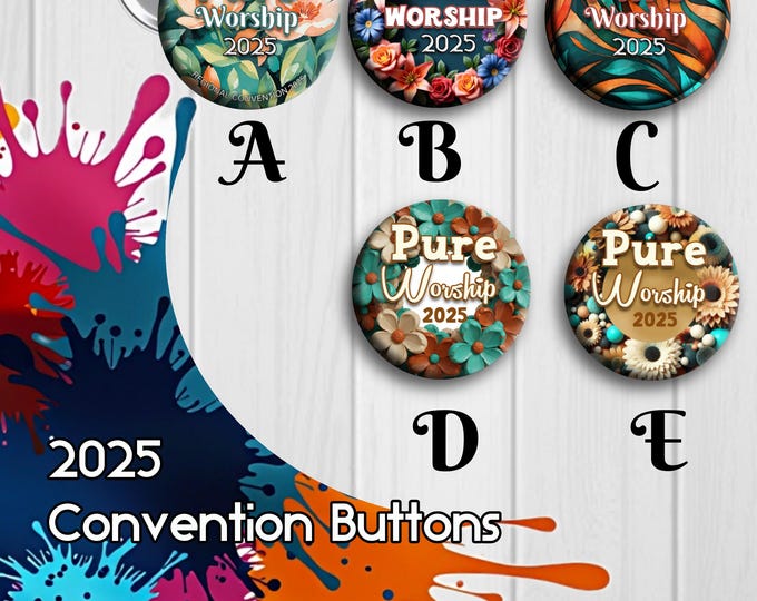 JW Regional Convention 2025 “Pure Worship” backpin buttons. 1.5” jw.org buttons pins # 5 buttons set