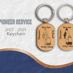 JW  “Pioneer School Service” wood keychain oval. 2023 - 2024