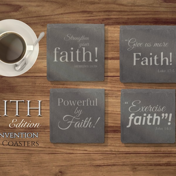 JW Theme Convention and assembly theme “Faith” edition Stone Slate Coasters. 4x4 set of 4. JW Gifts. Engraved slate stone coasters