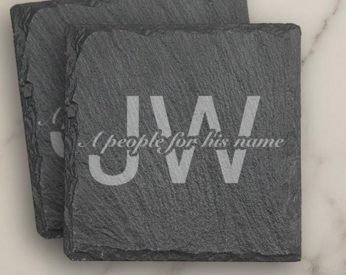 JW “A people for his name” edition Stone Slate Coasters. 4” set of 4. JW Gifts. Engraved slate stone coasters. Pioneer gifts, appreciation