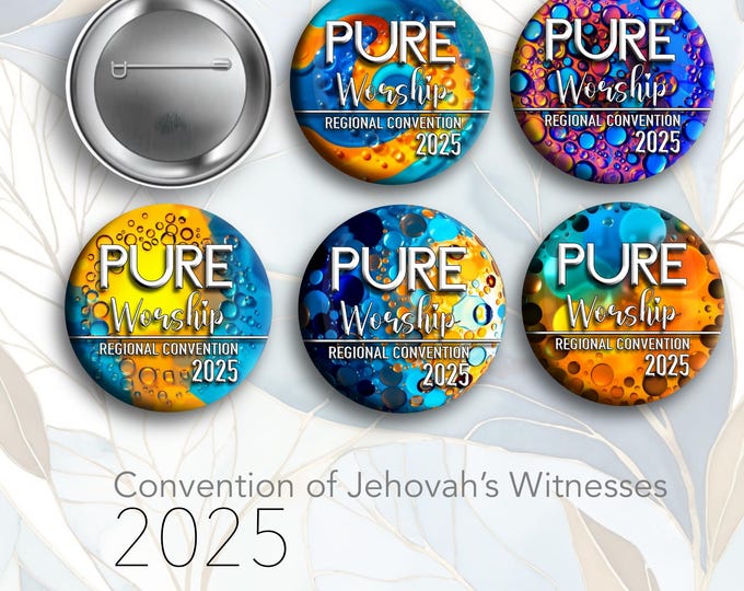 JW Regional Convention 2025 “PURE WIRSHIP”. 2.25” or 1.5” jw.org buttons pins #multiple pure colors. Pack of 5’s