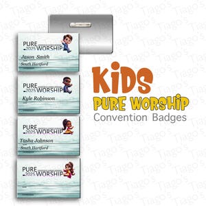 JW.ORG 2025 Regional convention Name Tags -“Pure Worship”.  Aluminum 2 1/8”x 3 3/8”  personalized. kids Tiago version official
