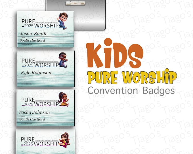 JW.ORG 2025 Regional convention Name Tags -“Pure Worship”.  Aluminum 2 1/8”x 3 3/8”  personalized. kids Tiago version official