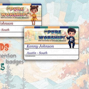 JW.ORG 2025 Regional convention Name Tags - Kids version. “Pure worship ”.  Aluminum 2 1/8”x 3 3/8”  personalized. Emergency contacts.