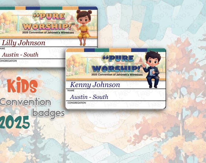 JW.ORG 2025 Regional convention Name Tags - Kids version. “Pure worship ”.  Aluminum 2 1/8”x 3 3/8”  personalized. Emergency contacts.