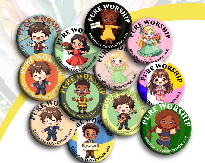 JW Regional Convention 2025 “PURE WIRSHIP”. 1.5” jw.org buttons pins #kids Girls and boys (6 pins per pack.)