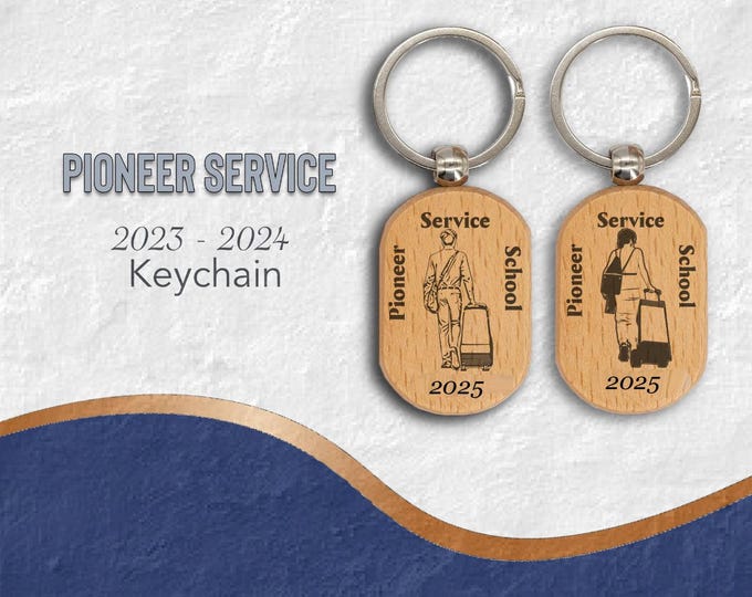 JW  “Pioneer School Service” wood keychain oval.  2025