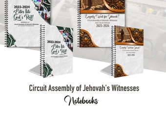 JW-notitieboekje. 2023-2024 Circuit Assemblies-notebook 6x9 of 8x11.5. “Ga Gods rust binnen!”. & ‘Wacht met spanning op Jehovah’!” veilige spoelen.