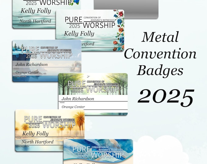 JW.ORG 2025 Regional convention Name Tags -“Pure Worship”.  Aluminum 2 1/8”x 3 3/8”  personalized. ADULTS Tiago version official