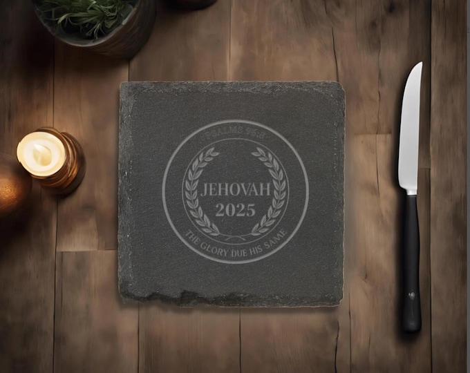 JW “2025  text” edition Stone Slate Coasters. 4” or set of 4. JW Gifts. Engraved slate stone coasters “Give Jehovah the glory due his name”
