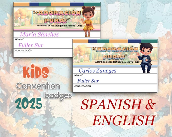 JW.ORG 2025 Regional convention Name Tags - Kids version. “Pure worship ”.  Aluminum 2 1/8”x 3 3/8”  personalized. Emergency contacts.