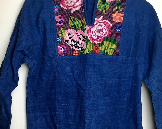 Vintage Guatemalan Indigo Top Shirt 70s Embroidered Ethnic Denim Blouse XS Sparkle Roses Hippie Boho