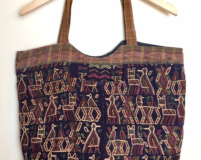 Vintage Guatemalan Ethnic L Embroidered Sparkle Bag Huipil Boho Hippie Weekender Corte Ikat Woven Animals