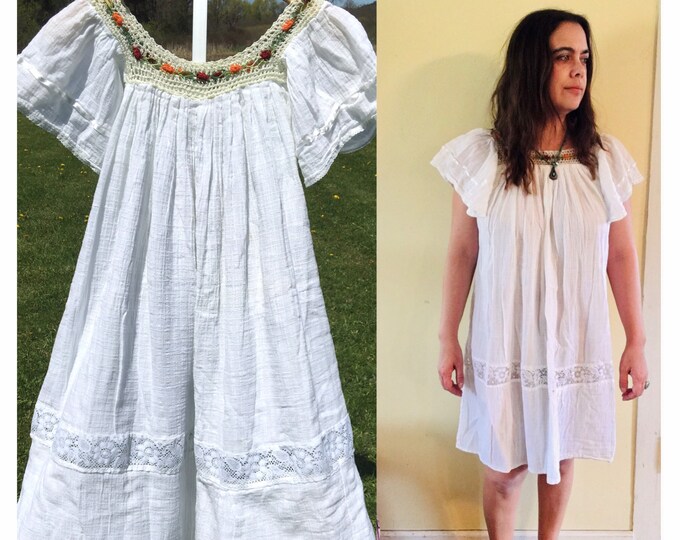 Vintage Gauze Dress Ecuador Cotton Crochet Hippie Boho Festival  Bohemian Sheer