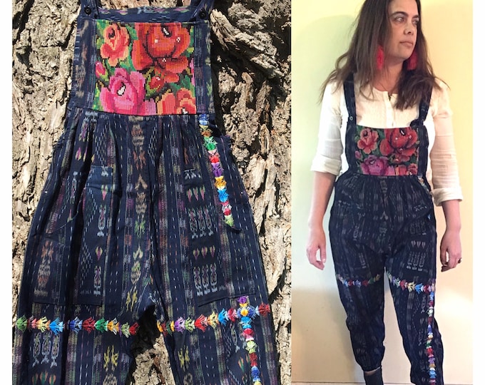 Vintage Guatemalan Ikat Overalls Jumper Jumpsuit Cotton Embroidered Hippie Boho Festival  Bohemian Guatemala Roses Floral