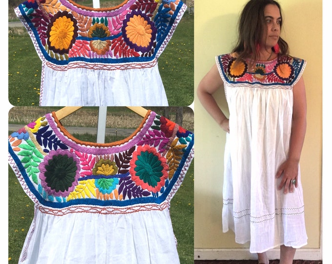 Vintage Hand Embroidered Mexican Dress Gauze Floral Embroidered White Midi Reversible Mexican Hippie Boho Gypsy Festival Ethnic Bohemian