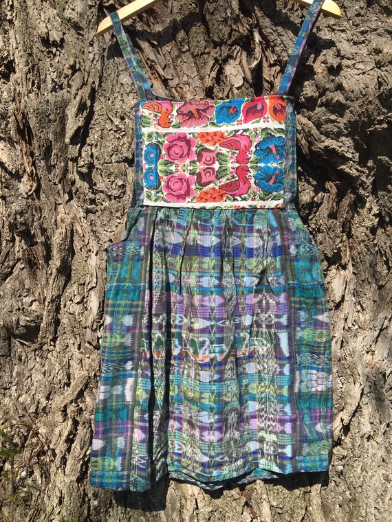 Vintage Guatemalan Ikat Dress Overalls Jumper Cotton Embroidered  Birds Flowers Hippie Boho Festival  Bohemian Guatemala