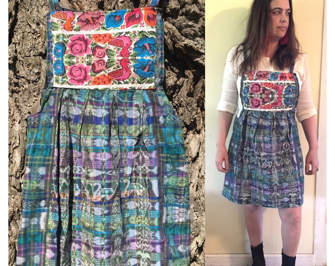 Vintage Guatemalan Ikat Dress Overalls Jumper Cotton Embroidered  Birds Flowers Hippie Boho Festival  Bohemian Guatemala